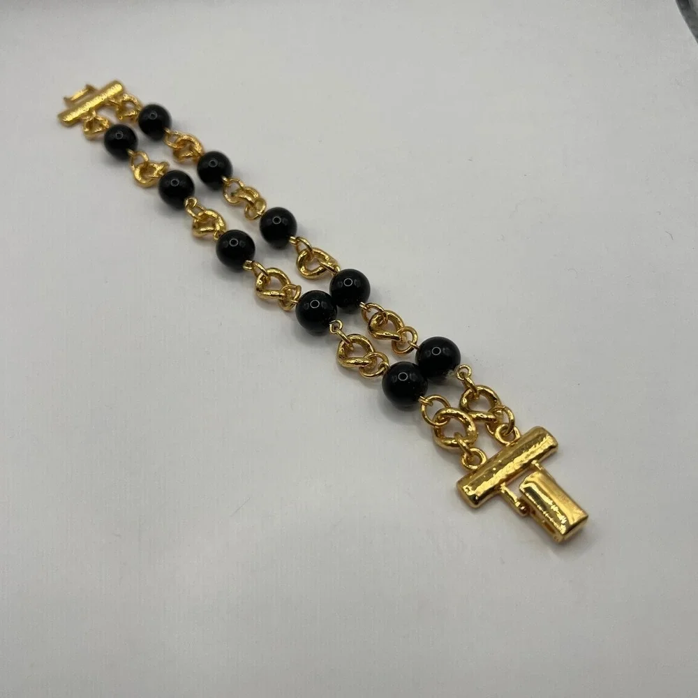 Gold Tone Chain Bracelet‎ Black Beaded Stations 7.5 inch
